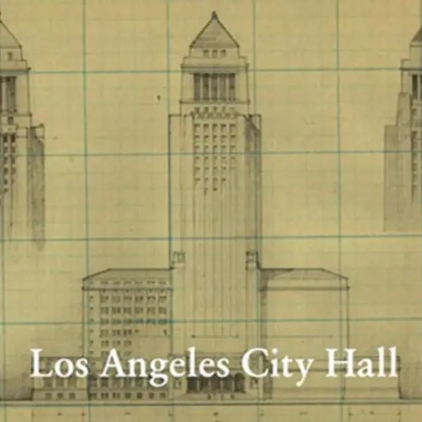 A pencil sketch of Los Angeles City Hall on yellow grid paper.