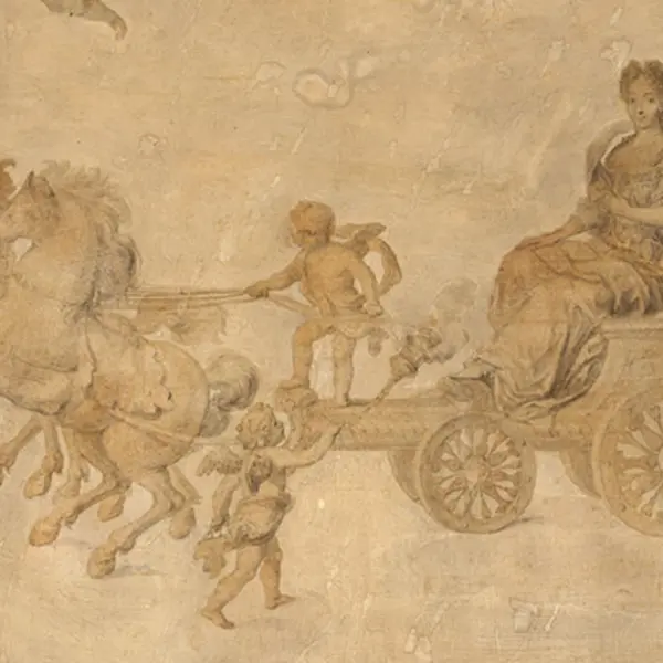 Marie Anne Christine on a horse-drawn carriage with the assistance of cherubs.