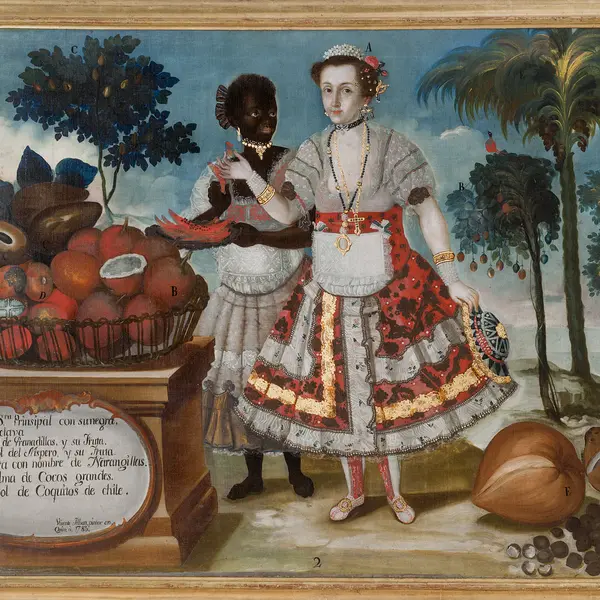 Painting of a woman with her Black slave next to giant tropical fruits.