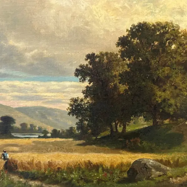 A painting of a landscape with a field under large trees and a cloudy sky.