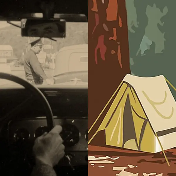 A collage image. On the left, A person in a car looks at a person on the street. On the right, an illustration of a tent in the forest.