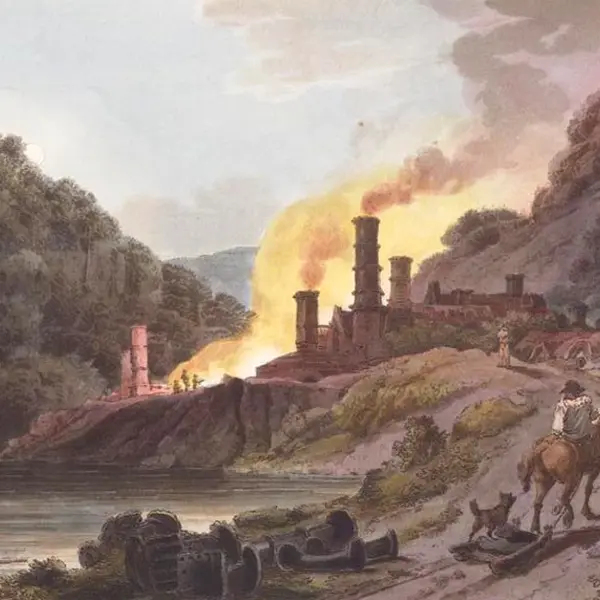 A painting of a person on horseback with a dog in tow approaching an iron works.