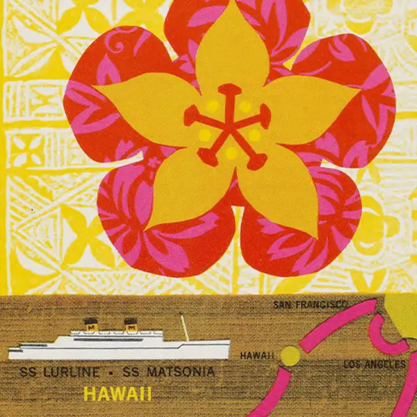 A yellow and pink graphic with a large tropical flower and a map with a white ship sailing from California to Hawaii.