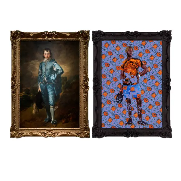 Two framed artworks side-by-side, one of a white boy in blue clothing, the other of a black man on a floral background.