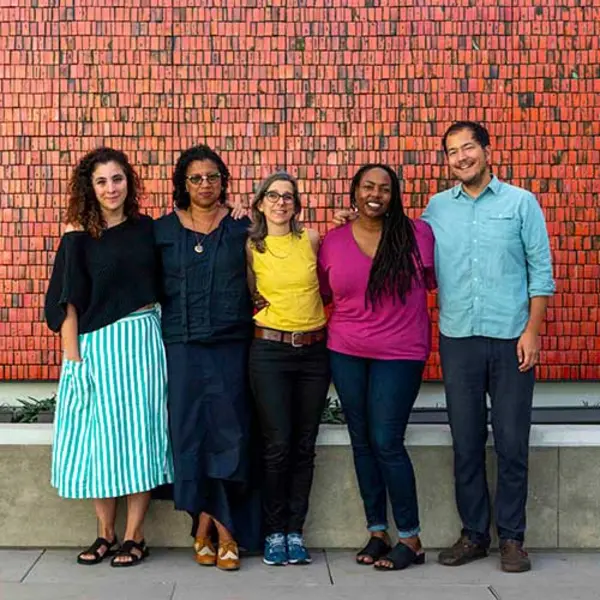 The exhibition “Beside the Edge of the World” features work by the following artists and writers (left to right): Beatriz Santiago Muñoz, Robin Coste Lewis, Nina Katchadourian, Dana Johnson, and Rosten Woo. They stand before Doyle Lane’s Mutual Savings and Loan Mural, 1964, at The Huntington. Photo by Kate Lain. The Huntington Library, Art Museum, and Botanical Gardens.