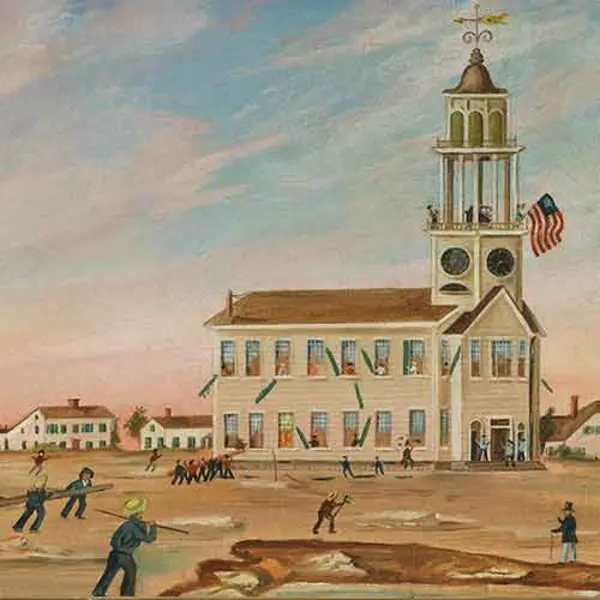 Before the Burning of the Old South Church in Bath, Maine by John Hilling, ca. 1854, oil on canvas, 21 3/4 x 27 7/8 x 2 1/8 in. (55.2 x 70.8 x 5.4 cm.). Jonathan and Karin Fielding Collection. The Huntington Library, Art Museum, and Botanical Gardens.