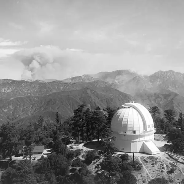 Forest fire in the west fork of the San Gabriel River, as seen from Mount Wilson Observatory, Sept. 29, 1924, around 10:20 a.m. Unknown photographer.