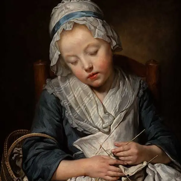 Jean-Baptiste Greuze, Young Knitter Asleep, ca. 1759, oil on canvas, 27 x 22 in. Adele S. Browning Memorial Collection, gift of Mildred Browning Green and Honorable Lucius Peyton Green. The Huntington Library, Art Museum, and Botanical Gardens.
