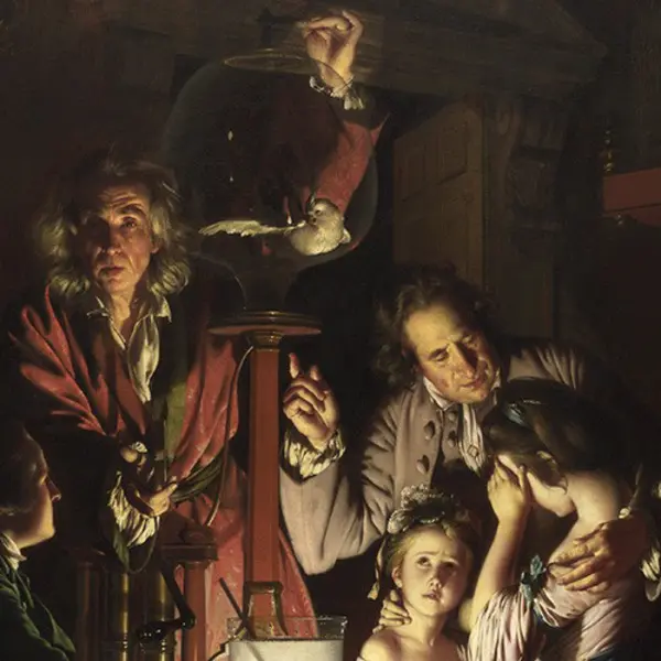 painting of man holding bird in an air pump experiment