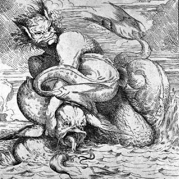 Etching by John Hamilton Mortimer of a devil-like humanoid wrestling a water creature in the seas.
