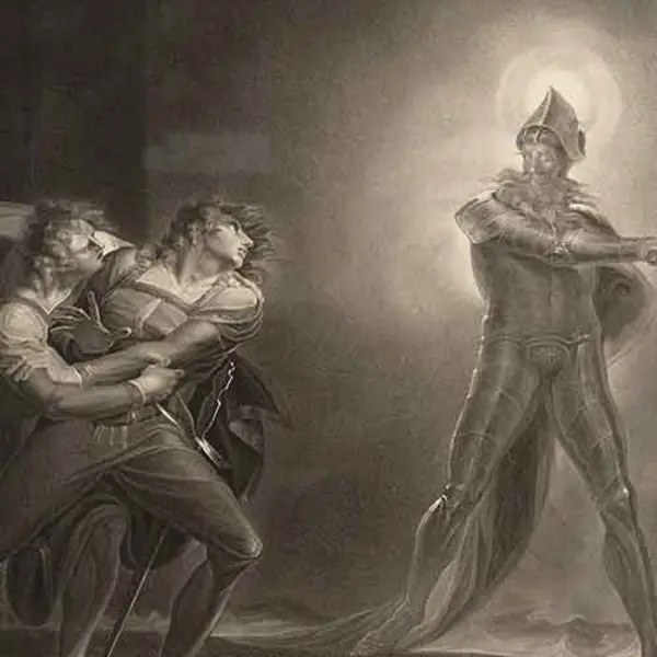Hamlet and the ghost of Hamlet’s father in Hamlet, Prince of Denmark, Act I, Scene IV (engraving based on a painting by Henry Fuseli)