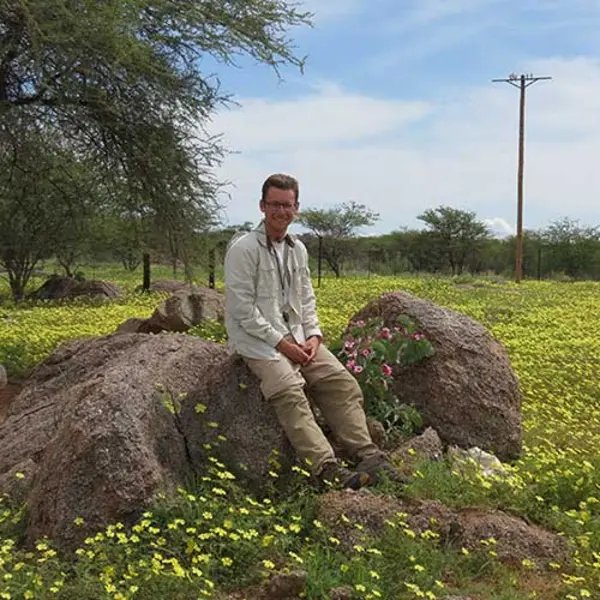 Man sitting on rock surrounded by yellow flowers