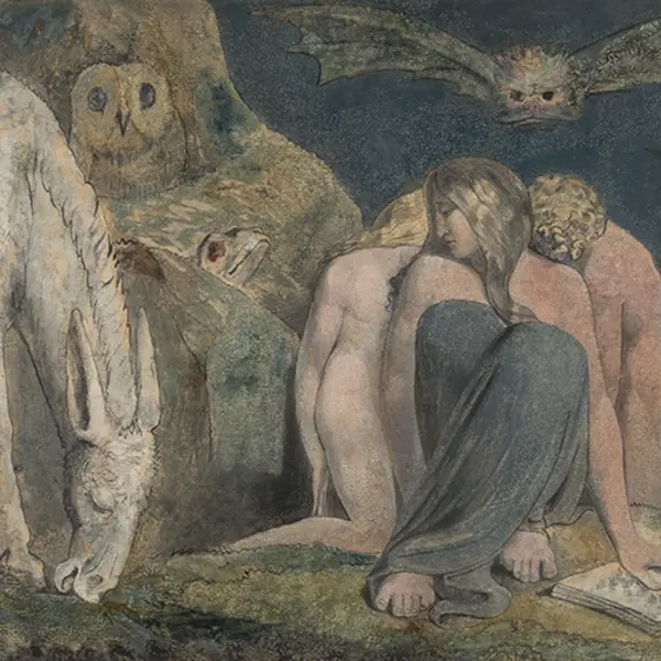 William Blake (1757–1827), Hecate or The Night of Enitharmon’s Joy, 1795. Planographic color print with pen and ink and watercolor on wove paper, 16 3/8 x 22 in. The Huntington Library, Art Museum, and Botanical Gardens.