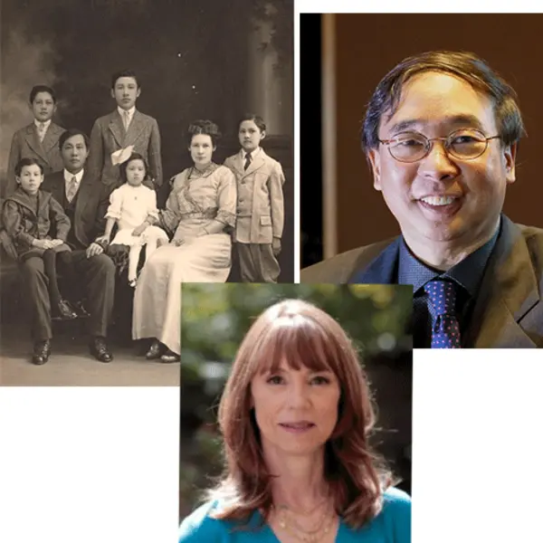 From left: Portrait of the See family, including Fong See (third from left) and Letticie “Ticie” Pruett (second from right) and their five children, 1914. The Huntington Library, Art Museum, and Botanical Gardens; Lisa See (photo by Patricia Williams); and Nathan Wang (photo by Derek Wang).