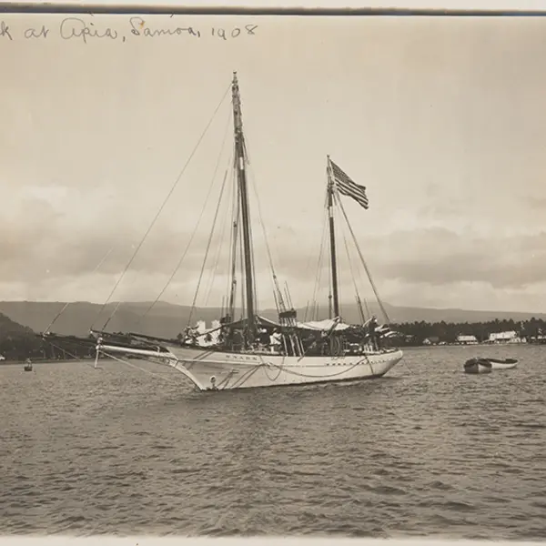 Snark, the vessel on which the Londons and their crew attempted an around-the-world trip, at anchor in Apia, Samoa, 1908