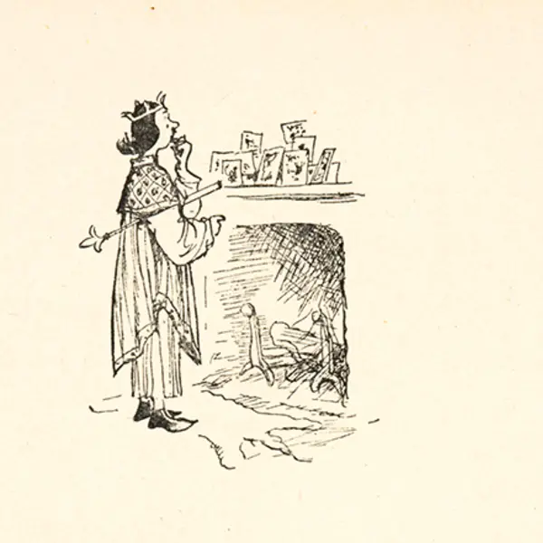 Detail of A.A. Milne’s illustration of King John staring at a row of Christmas cards 