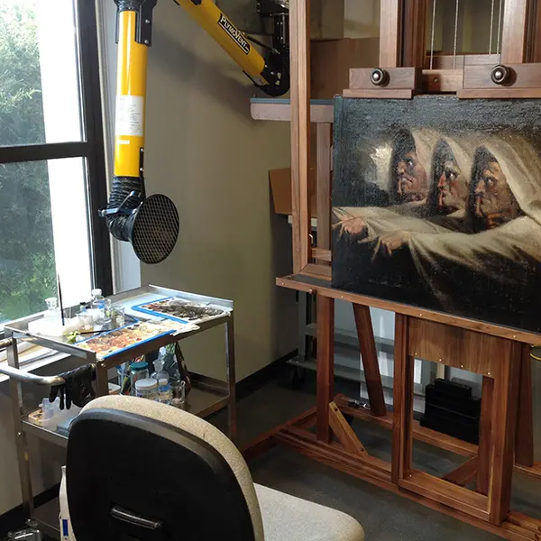 Three Witches painting in conservation lab