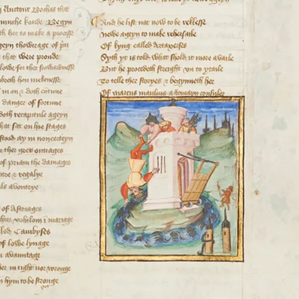 Illuminated manuscript with Marcus Manlius hung over the Tiber River