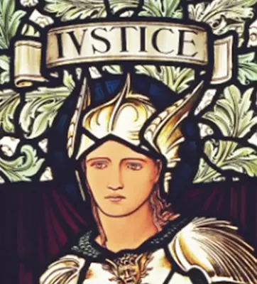 illustration of the bust of a knight with the word "Justice" over his head