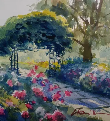 A watercolor painting of path in a rose garden with trees.