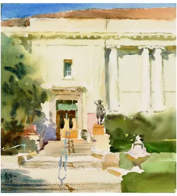 A watercolor painting of a classical style building with stairs surrounded by sculptures and plants.