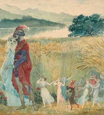The Eavesdroppers, by Charles Altamont Doyle, a painting of a prince and princess in a field with fairies at their feet
