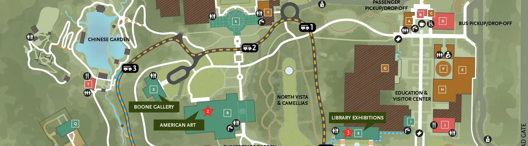 A visitor map shows paths, walkways, buildings, and other features.