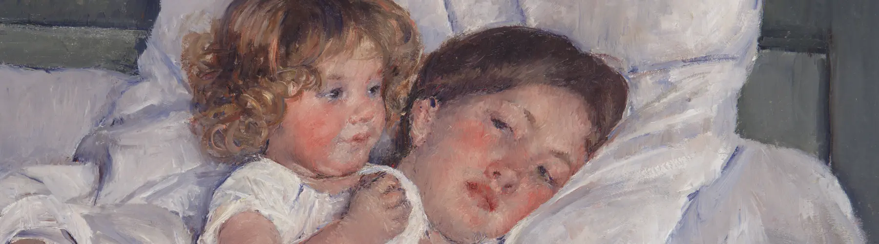 A painting of a mother and child in bed.