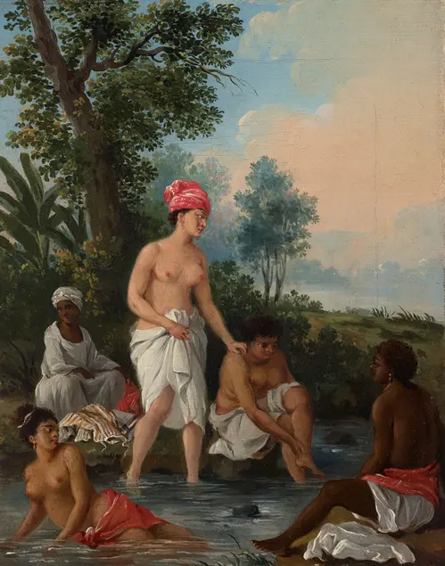 A painting of a group of women bathing in a shallow jungle stream.