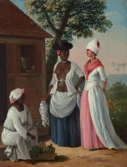 A painting of three women, one kneels near a basket of produce, the others stand and face each other.