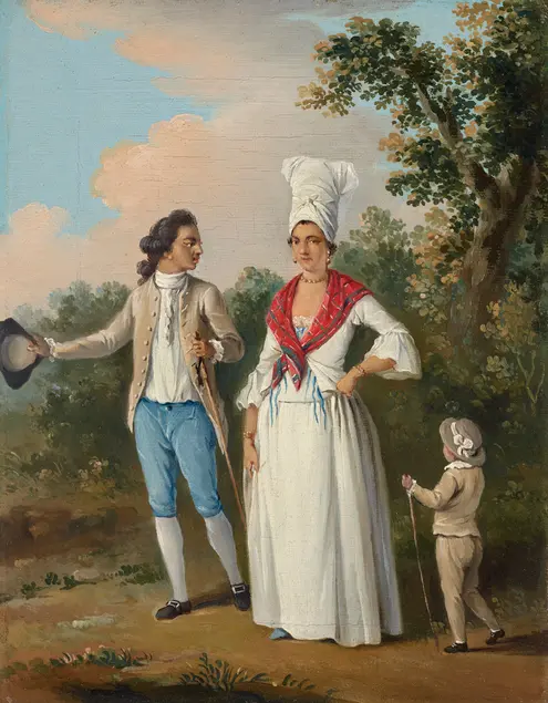 A painting of a young couple and child walking near a forest.