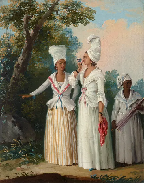A painting of three women in white dresses walk along a forest, one smells a flower.