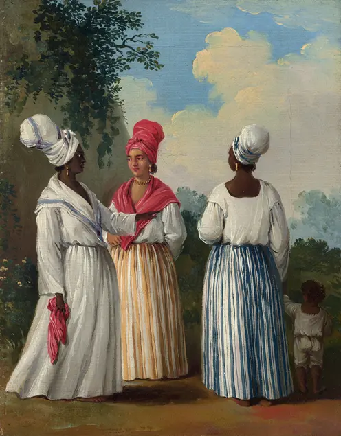 A painting of three women facing different directions, one holds the hand of a small child.
