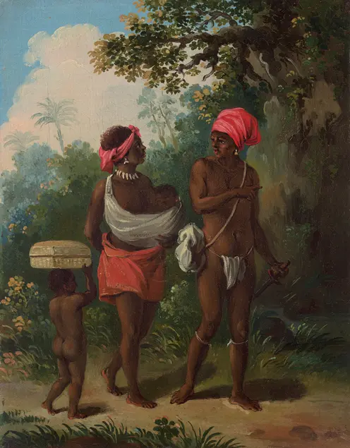 A painting of a native family in simple clothing, walking through the jungle.