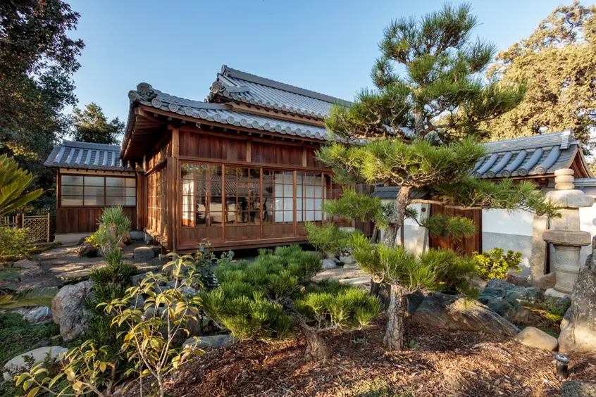 A private garden courtyard at a traditional Japanese home.