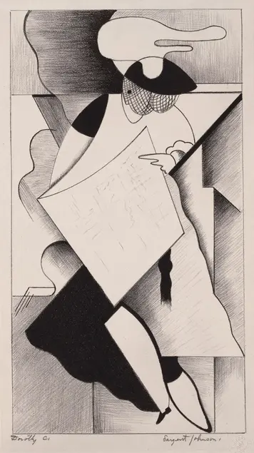 Black-and-white abstract sketch of a person reading a newspaper.
