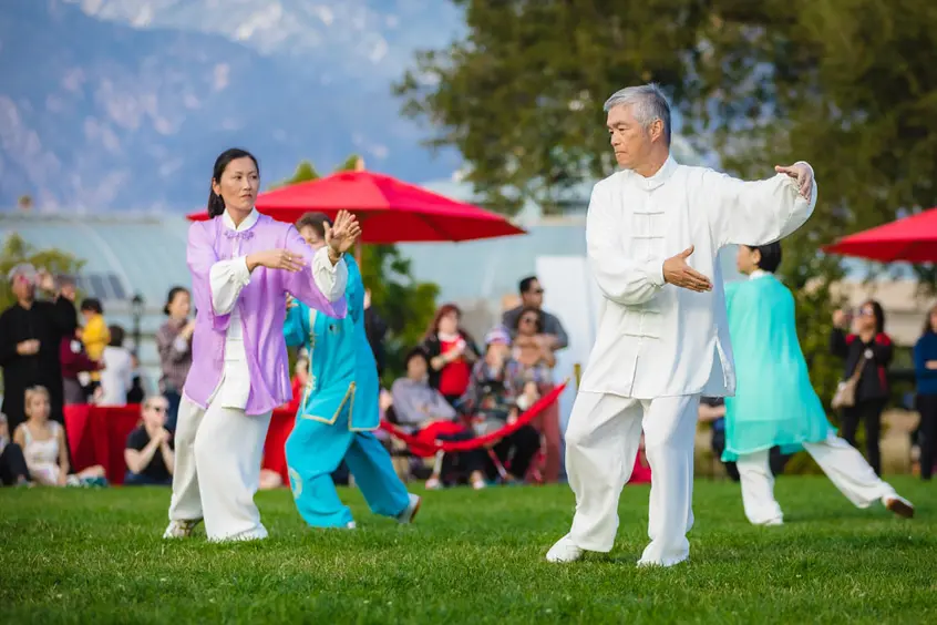 A group of dancers in colorful outfits perform outdoors on a green lawn.