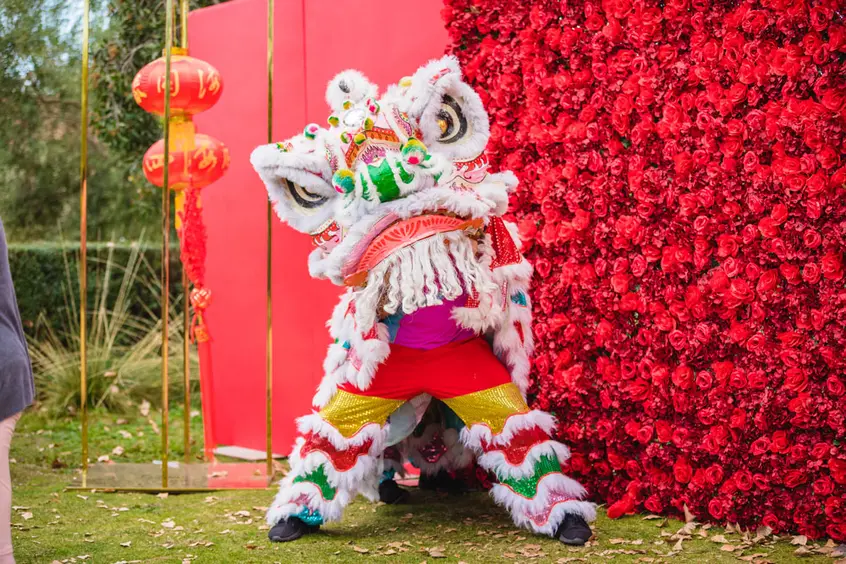 A colorful dragon puppet stands outdoors near a wall of red flowers.