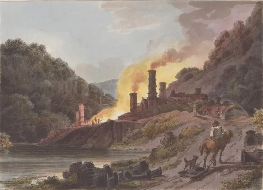 A person on a horse looks across a body of water at an iron works partially obscured behind a mountain.