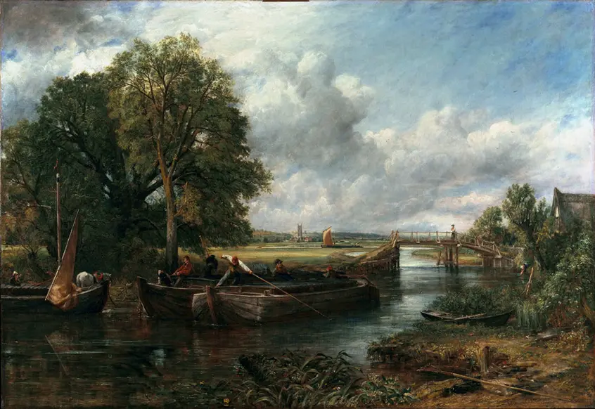 A painting of a river with a large tree in the foreground and bridge in the background.