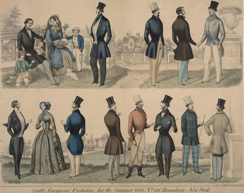 A sketch of a dozen or so people in various dress attire from the 1840s.