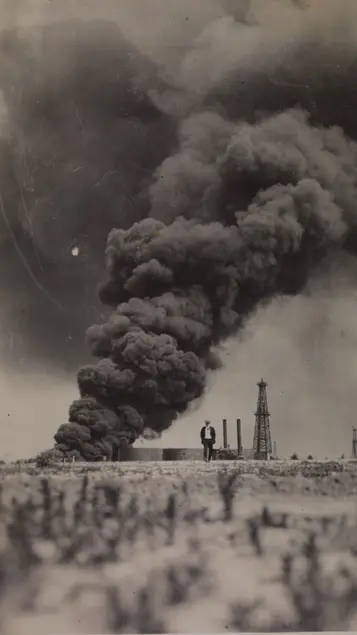 A large plume of black smoke rises in the distance while a person seems to stand nearby. 