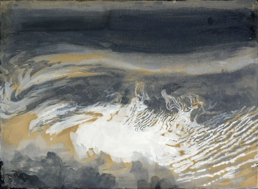 A painting of whispy ice clouds of whites, blues, browns, and grays.