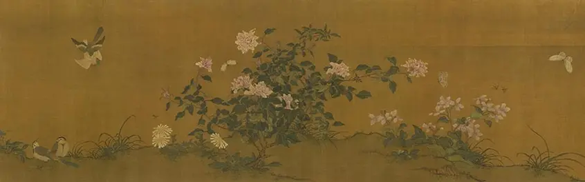 Drawing of white and pink flowers with blue-hued birds playing nearby.