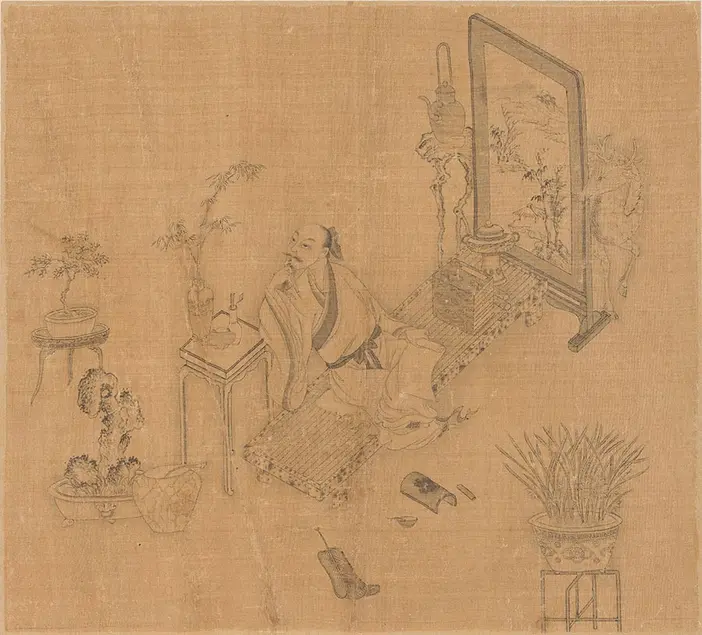 Drawing of a person sitting on a patch of carpet among plants.