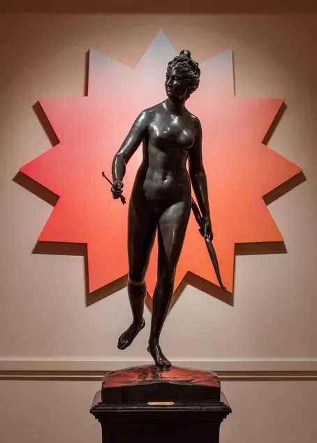 Alex Israel's Untitled (Flat) gives Jean-Antoine Houdon's Diana chasseresse (Diana the Huntress), ca.1782, the star treatment. Photo by Fredrik Nilsen, courtesy of The Huntington.