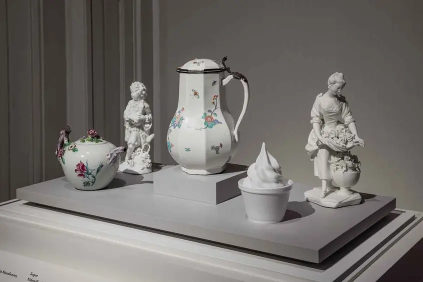 Alex Israel's The Bigg Chill, 2013, among a selection of 18th-century French faience pieces. Photo by Fredrik Nilsen, courtesy of The Huntington.