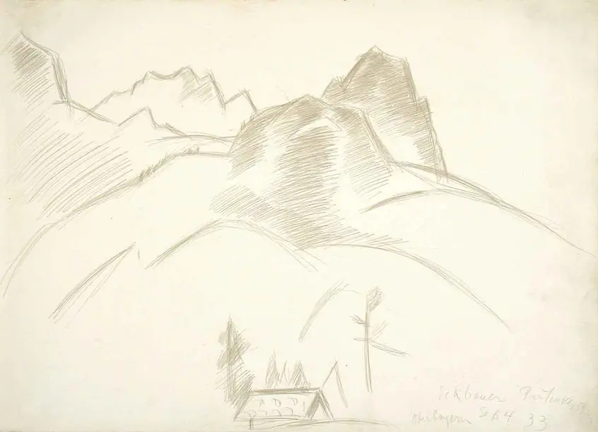 Mountain Landscape with House in Foreground, September 1933. Silverpoint on paper. 10 5/8 x 14 7/8 in. The Huntington Library, Art Collections, and Botanical Gardens. Gift of Michael St. Clair.