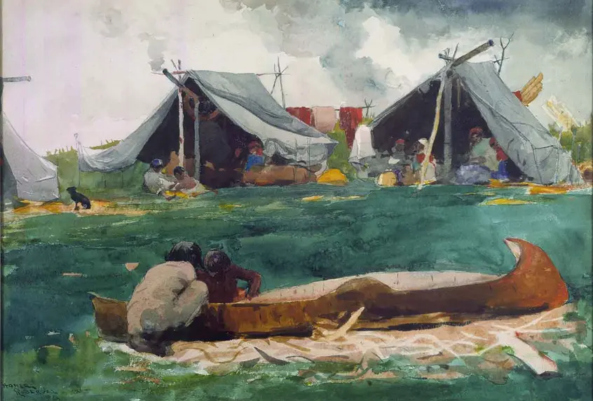 Winslow Homer (1836–1910), Indians Making Canoes (Montagnais Indians), 1895, watercolor, 14 × 20 in. The Huntington Library, Art Collections, and Botanical Gardens.
