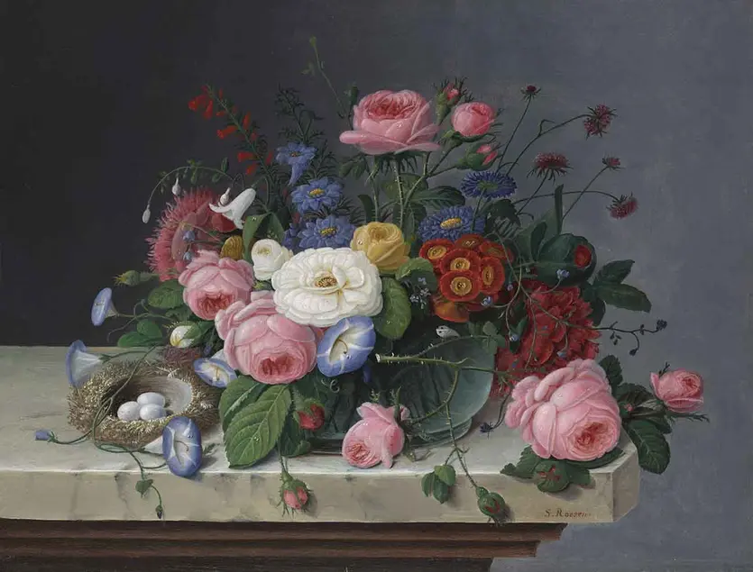 Severin Roesen (ca. 1815–ca.1872), Still Life with Flowers and Bird's Nest, after 1860, oil on panel, 15 × 20 in. The Huntington Library, Art Collections, and Botanical Gardens.